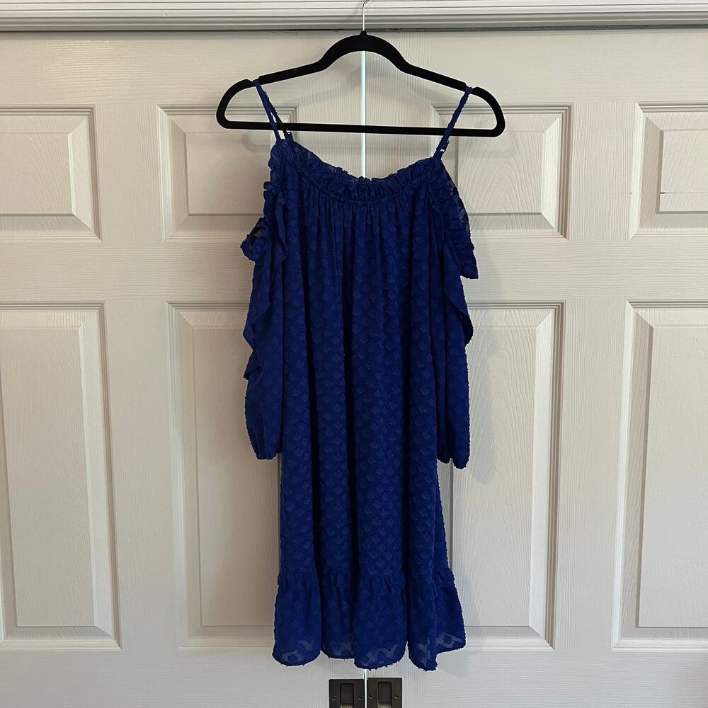 Kaari Blue Cobalt Patterned Open Shoulder Mini‎ Dress Size M Party Date Night - Picture 2 of 8